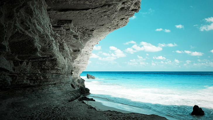 pemandangan, alam, teluk kecil, gua, laut, pantai, Wallpaper HD