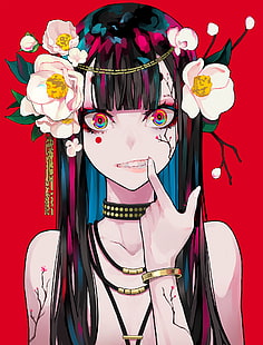 women, portrait display, artwork, digital art, 2D, looking at viewer, fangs, flower in hair, necklace, long hair, painting, illustration, original characters, drawing, anime girls, red background, face, flowers, dark hair, colorful, bracelets, LAM, anime, HD wallpaper HD wallpaper