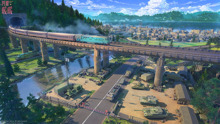Anime, Original, Bridge, City, Lake, Military, River, Road, Tank, Train, Tunnel, HD wallpaper