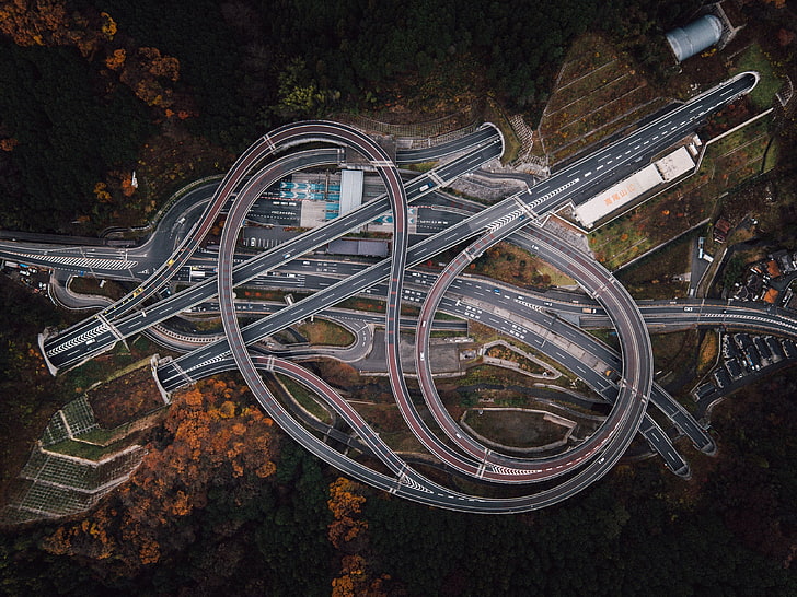 gray concrete road track illustration\, aerial photography of road intersection, aerial view, trees, highway, road, fall, forest, crossroads, Japan, tunnel, car, drone photo, bird's eye view, HD wallpaper