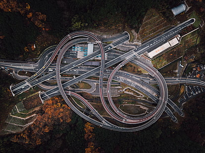 gray concrete road track illustration\, aerial photography of road intersection, aerial view, trees, highway, road, fall, forest, crossroads, Japan, tunnel, car, drone photo, bird's eye view, HD wallpaper HD wallpaper