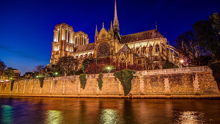 notre dame, paris, europe, building, night, architecture, cathedral, tourist attraction, france, HD wallpaper