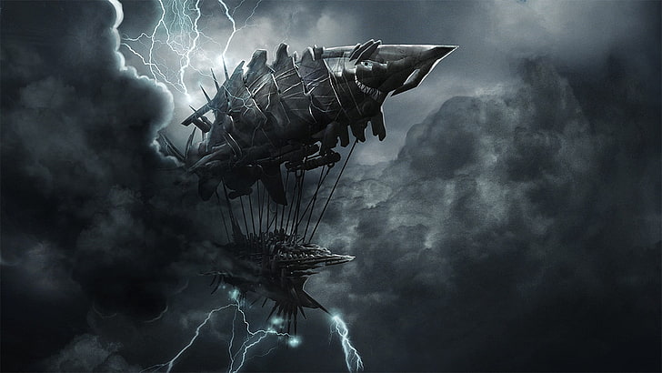 black ship air balloon illustration, fantasy art, storm, World of Warcraft, HD wallpaper