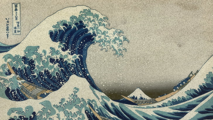 Wellen-Cartoonillustration des blauen Wassers, der Fujisan, die große Welle vor Kanagawa, Hokusai, hölzerner Block, HD-Hintergrundbild