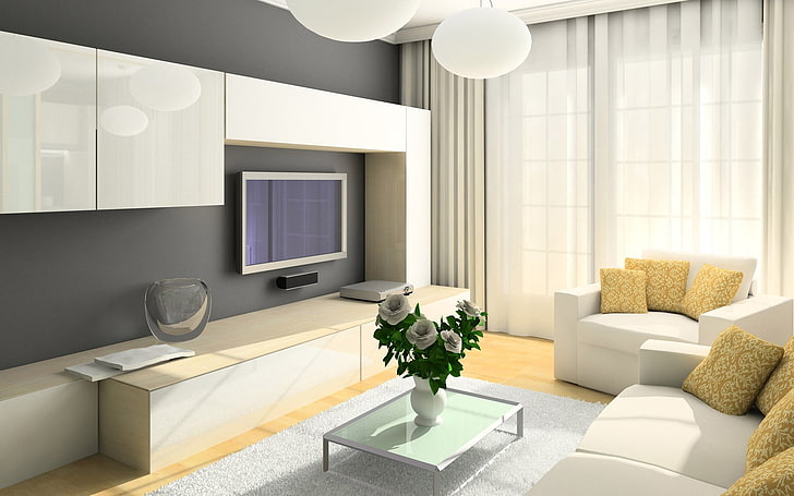 TV de pantalla plana blanca, sala, sofá, televisión, diseño, interior, silla, armario, mesa, ramo, Fondo de pantalla HD