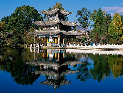 باغودا بنية ورمادية ، انعكاس ، العمارة الآسيوية ، بحيرة ، معبد ، الصين، خلفية HD HD wallpaper