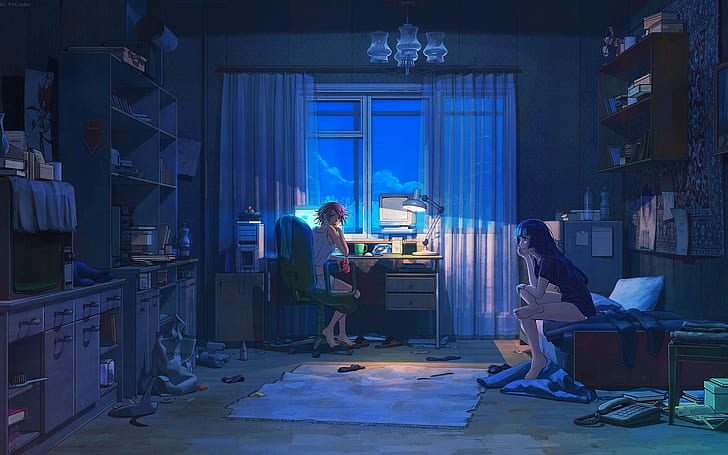 anime, computer, living rooms, night, ArseniXC, interior, Everlasting Summer, anime girls, HD wallpaper