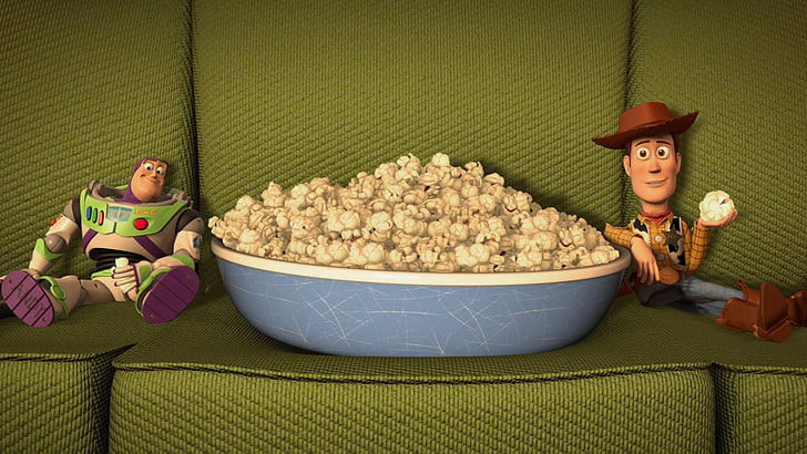 popcorn and toy figures, movies, Toy Story, animated movies, Pixar Animation Studios, Buzz Lightyear, popcorn, HD wallpaper