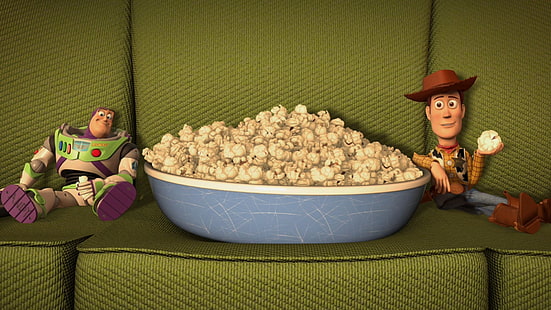popcorn and toy figures, movies, Toy Story, animated movies, Pixar Animation Studios, Buzz Lightyear, popcorn, HD wallpaper HD wallpaper