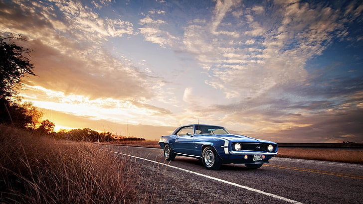 classic blue coupe, sports car, car, Chevrolet Camaro SS, muscle cars, HD wallpaper