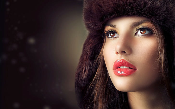 women, face, hat, red lipstick, brown eyes, open mouth, looking away, looking into the distance, model, brunette, fur cap, HD wallpaper