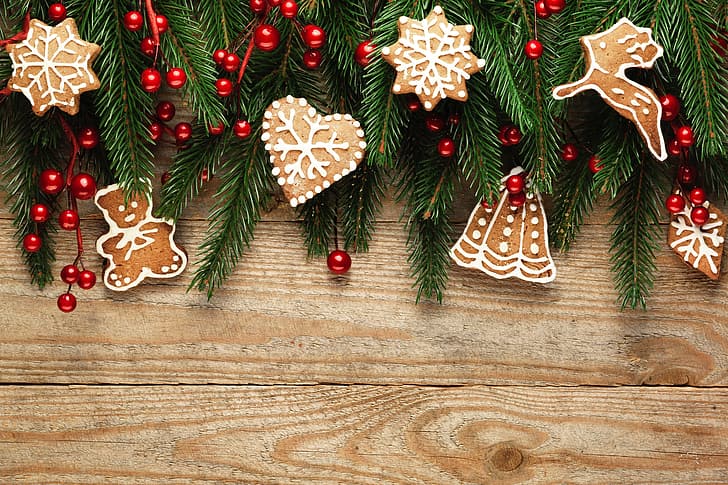 berries, tree, New Year, cookies, Christmas, happy, wood, Merry Christmas, Xmas, decoration, gingerbread, HD wallpaper