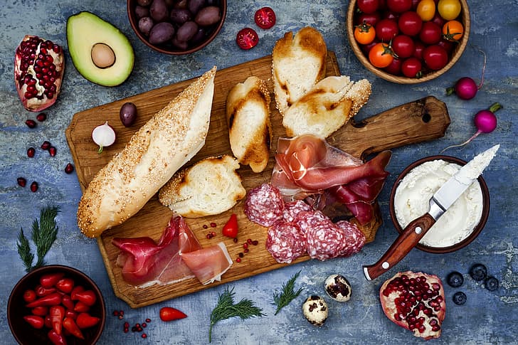 Beeren, Käse, Brot, Gemüse, Baguette, Kirsche, Sandwiches, Schinken, Salami, Bruschetta, Brushetta, HD-Hintergrundbild