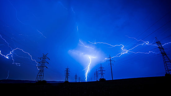 Natur, Landschaft, Blitz, Sturm, Dunkelheit, Strommast, Elektrizität, Langzeitbelichtung, HD-Hintergrundbild HD wallpaper