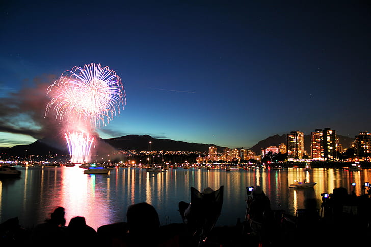 fireworks during dusk, vancouver, canada, vancouver, canada, celebration of light, vancouver, canada, fireworks, dusk, canada, HSBC, kitsilano, vanier park, british columbia, reflection, stars, sky, ocean, silhouette, mountains, rockies, gunpowder, explosion, sparkles, sparkle, lights, city  west, west coast, night, celebration, firework Display, firework - Man Made Object, exploding, harbor, traditional Festival, sea, HD wallpaper