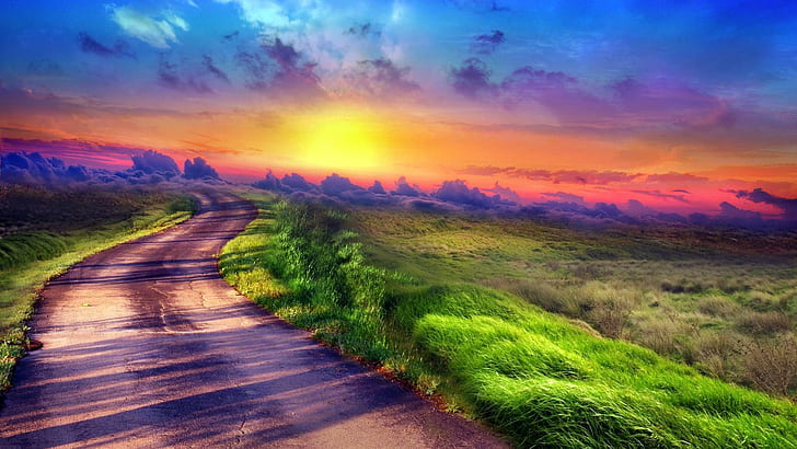 Günbatımı yolu, resim, eflatun, güzel, photoshop, yol, güzel, geniş ekran, ufuk, çok renkli, bulutlar, HD masaüstü duvar kağıdı