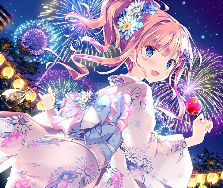 Anime, Original, Apfel, Blaue Augen, Rouge, Feuerwerk, Fisch, Blume, Kimono, Langes Haar, Rosa Haar, Pferdeschwanz, Lächeln, HD-Hintergrundbild