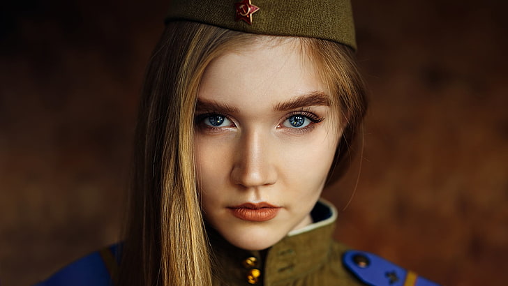 women, blonde, face, portrait, blue eyes, hammer and sickle, Soviet Union, uniform, HD wallpaper