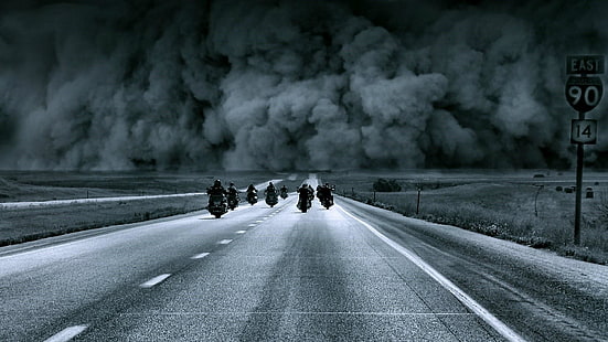 Харли-Дэвидсон, пыль, Харли, поездка, шторм, мотоцикл, монохромный, явление, дорожное покрытие, фотография, дорога, монохромная фотография, шоссе, мотоцикл, асфальт, мотоцикл, облако, переулок, черно-белое, торнадо, HD обои HD wallpaper