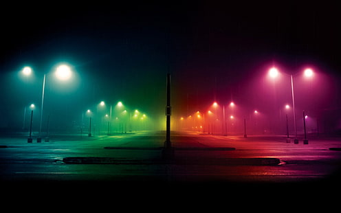 assorted-color utility posts, photography, spectrum, colorful, lights, street, symmetry, night, street light, HD wallpaper HD wallpaper