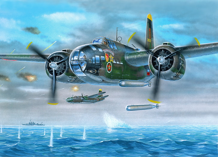 серый и зеленый истребитель иллюстрация, море, небо, война, атака, корабли, арт, торпеда, самолеты, немецкий, советский, Ил-4Т, HD обои