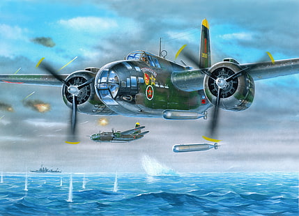 灰色と緑の戦闘機のイラスト、海、空、戦争、攻撃、船、アート、魚雷、航空機、ドイツ語、ソビエト、IL-4T、 HDデスクトップの壁紙 HD wallpaper