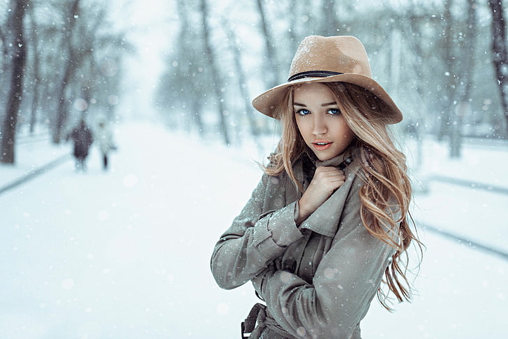 women's gray coat, women, model, blonde, long hair, blue eyes, open mouth, looking at viewer, winter, snow, women outdoors, hat, coats, cold, park, trees, trench coat, grey coat, HD wallpaper