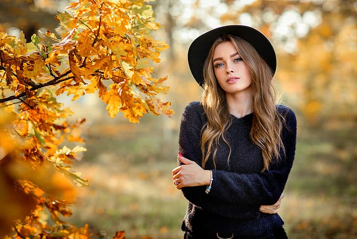 girl, long hair, hat, photo, brown, blue eyes, autumn, leaves, model, mood, lips, face, fall, portrait, mouth, lipstick, looking at camera, depth of field, looking at viewer, black clothing, Olga Boyko, HD wallpaper