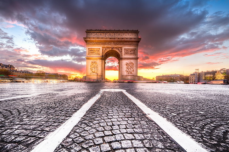 Паметници, Триумфална арка, Франция, Паметник, Париж, залез, HD тапет