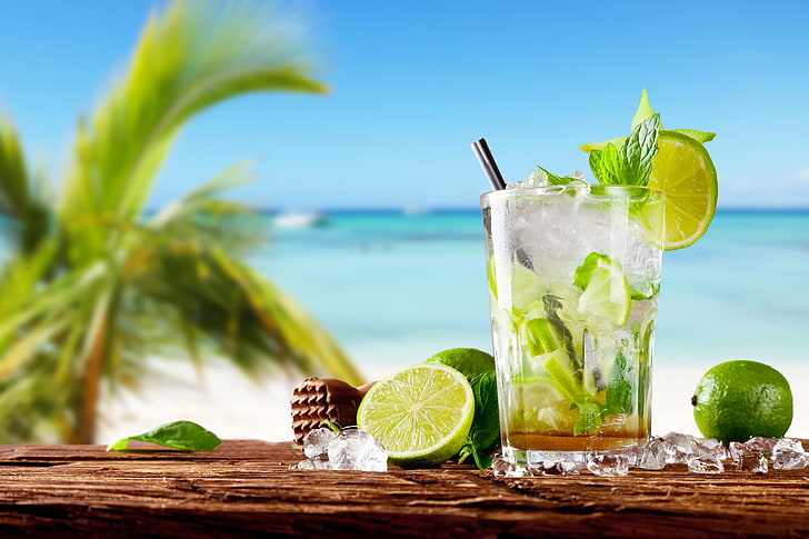 clear pint glass, sea, cocktail, lime, fresh, drink, Mojito, tropical, HD wallpaper