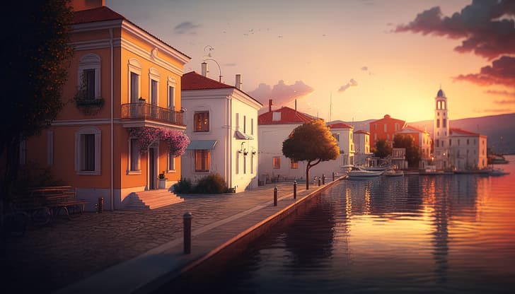 AI art, waterfront, sunset, Mediterranean, HD wallpaper