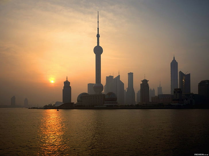 Shanghai, Chine, ville, paysage urbain, coucher de soleil, ciel orange, gratte-ciel, Fond d'écran HD