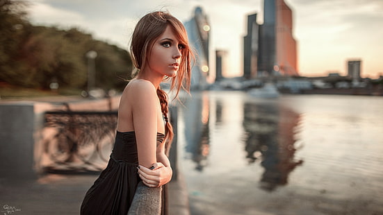 женщины, модель, лицо, портрет, город, река, Ксения Кокорева, HD обои HD wallpaper