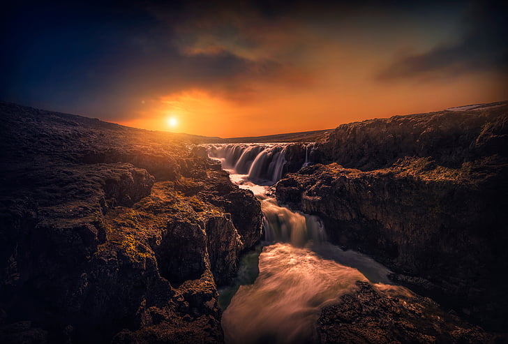 timelapse photography of flowing multi-tier waterfall during sunset, Rocks, Stream, Sunset, HD, 5K, HD wallpaper