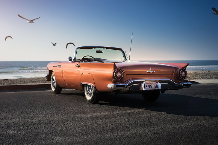 orange vintage convertible car, 1957, ford, thunderbird, HD wallpaper