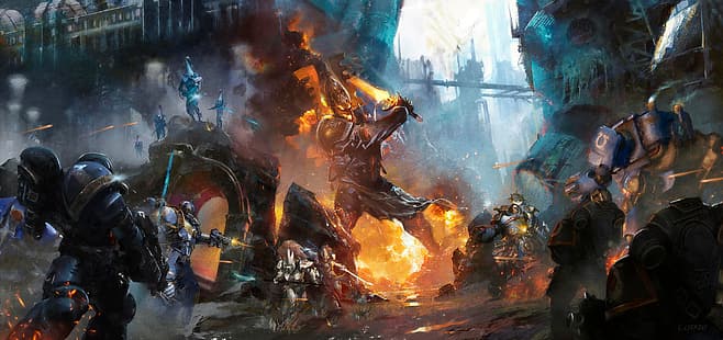ficção científica, Warhammer 40.000, Khane, power armor, bolter, arma de fogo, elfos, eldari, fogo, fumaça, fuzileiros navais espaciais, HD papel de parede HD wallpaper