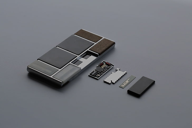 rechteckiges graues und schwarzes drahtloses Gerät, Projekt Ara, Telefon, Mobiltelefon, Grau, Holz, Elektronik, Technologie, Google, HD-Hintergrundbild