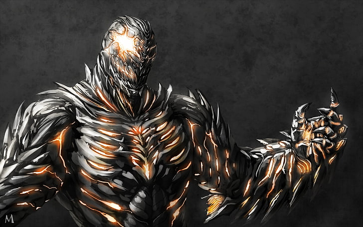 Wallpaper digital Marvel Venom, retak, mata, api, tangan, monster, seni, latar belakang abu-abu, Wallpaper HD
