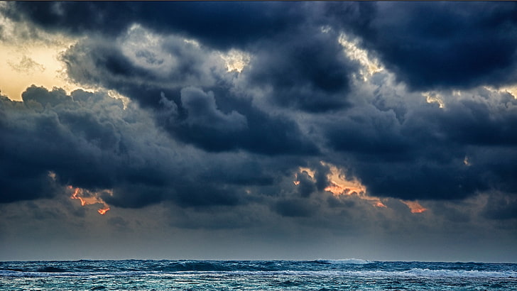 gray clouds, clouds, sea, storm, gloomy, heavy, elements, HD wallpaper