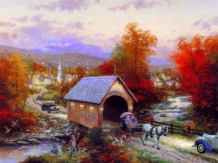 Artistic, Painting, Covered Bridge, Horse Drawn Vehicle, HD wallpaper