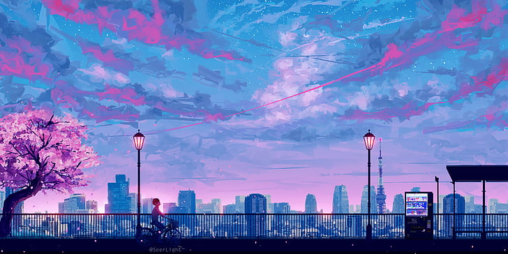 skyskrapor, Tokyo, lampor, räcken, Japan, kille, strandpromenad, konst, rosa moln, Tokyo-tornet, kvällshimlen, på cykeln, Sakura-våren, Seerlight, HD tapet