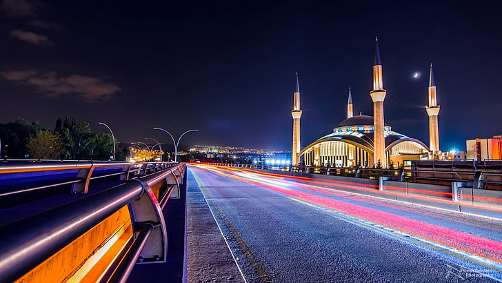 foto luce lunga esposizione, Ankara, moschea, città, luci, lunga esposizione, Sfondo HD