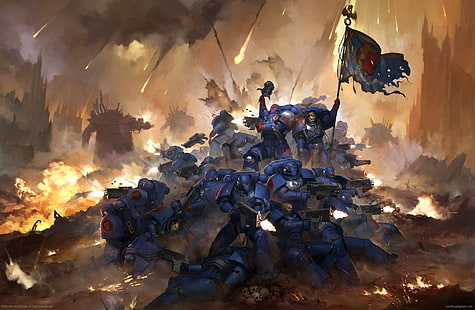 Warhammer 40,000, Crimson Fists, Adeptus Astartes, fire, war, space marines, HD wallpaper HD wallpaper