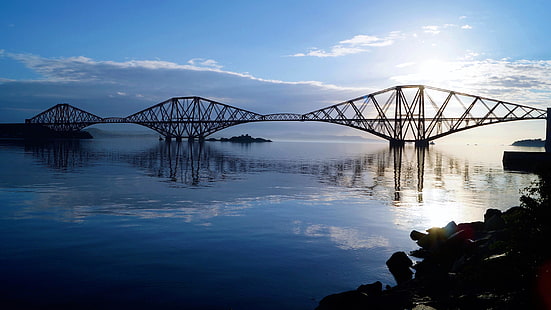 конзолен мост, мост, отражение, вода, небе, облак, хоризонт, Единбург, Шотландия, железопътен мост, обект на световното наследство на ЮНЕСКО, световно наследство на ЮНЕСКО, четвърти мост, 5k, 5k uhd, HD тапет HD wallpaper