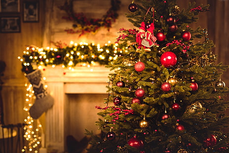 декорации, елха, камина, подаръци, Коледа, 5K, Нова година, HD тапет HD wallpaper
