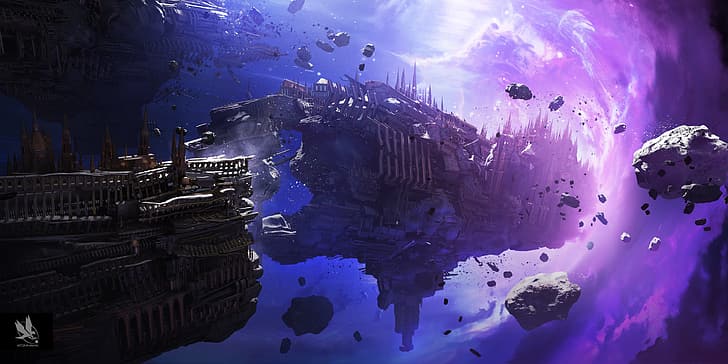 Warhammer 40,000, spaceship, wormhole, the warp, purple, blue, white, debris, wreck, HD wallpaper