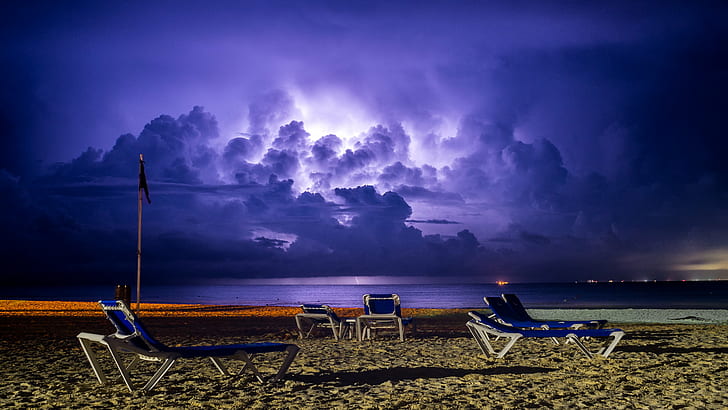 blue lounger chairs on shore during night time, cozumel, cozumel, Cozumel, Thunderstorm, blue, lounger, chairs, shore, night time, playa  del  carmen, playacar, quintana  roo, mexico, san  miguel, city  lights, thunder  lightning, lightning  storm, bolt, isla, island, de, sunbeds, beach, red  flag, clouds, caribbean  sea, pentax  k-5, da, limited, viva, wyndham, azteca, resort, hotel, day, sea, vacations, nature, relaxation, summer, coastline, chair, sunset, outdoors, HD wallpaper