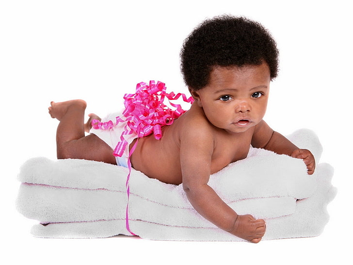 baby's white diaper, child, baby, black, bow, towel, HD wallpaper