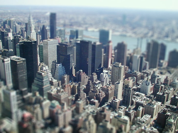 szare budynki, tilt shift, miasto, pejzaż miejski, Nowy Jork, urbanistyka, Tapety HD
