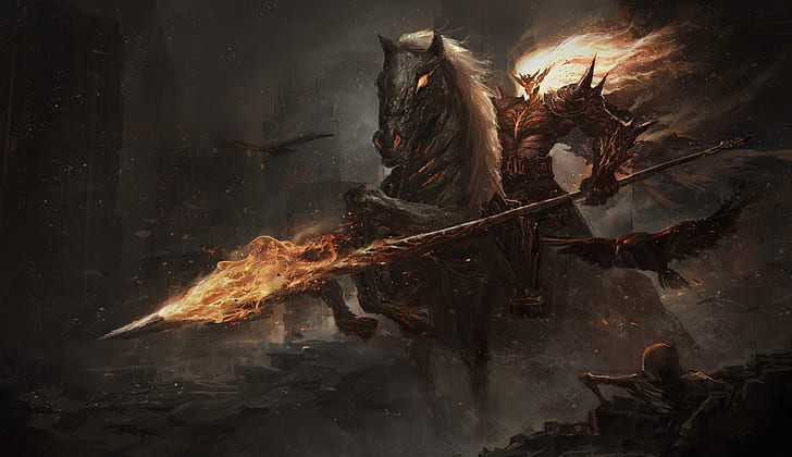death, flame, skull, the devil, horror, horseman of the Apocalypse, undead, by Leo, HD wallpaper